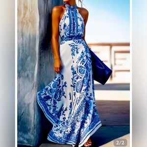 Blue halter sleeveless maxi dress
